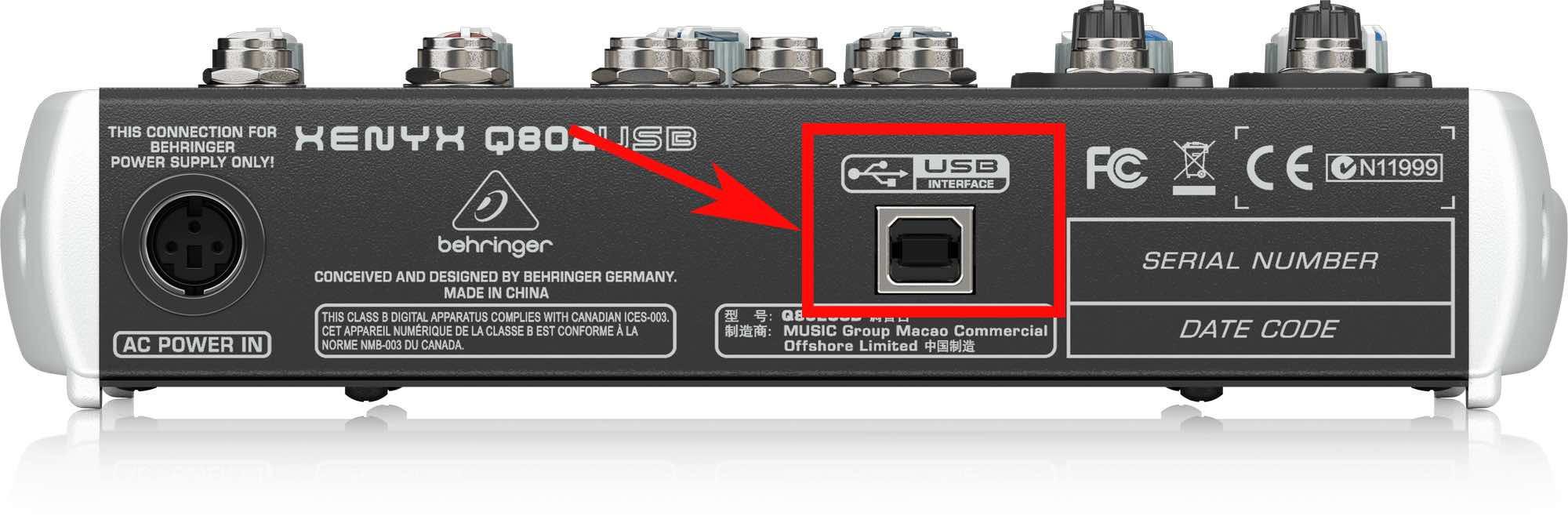 Image shows the back of a Behringer XENYX 802USB and the USB port is highlighted with a red box and arrow.