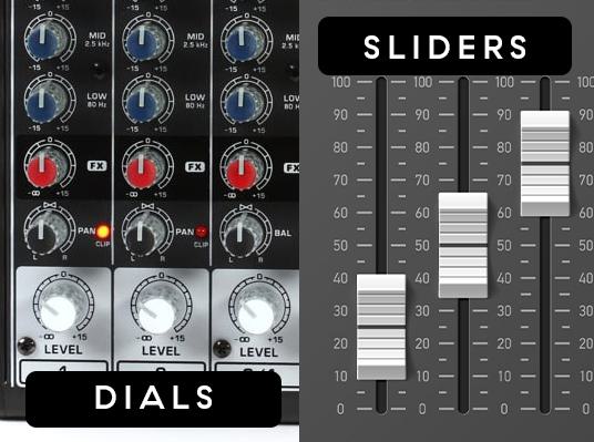 Image shows the dials of a live mixer and the sliders of a virtual mixer side by side.