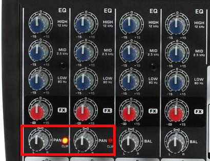 Image shows a live mixer with the pan dials highlighted by a red arrow and box.